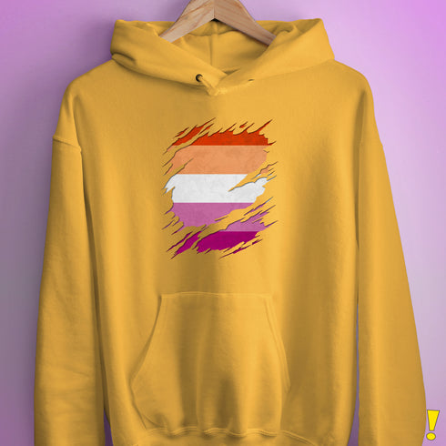 Lesbian Pride Flag Ripped Reveal Hoodie - Mustard